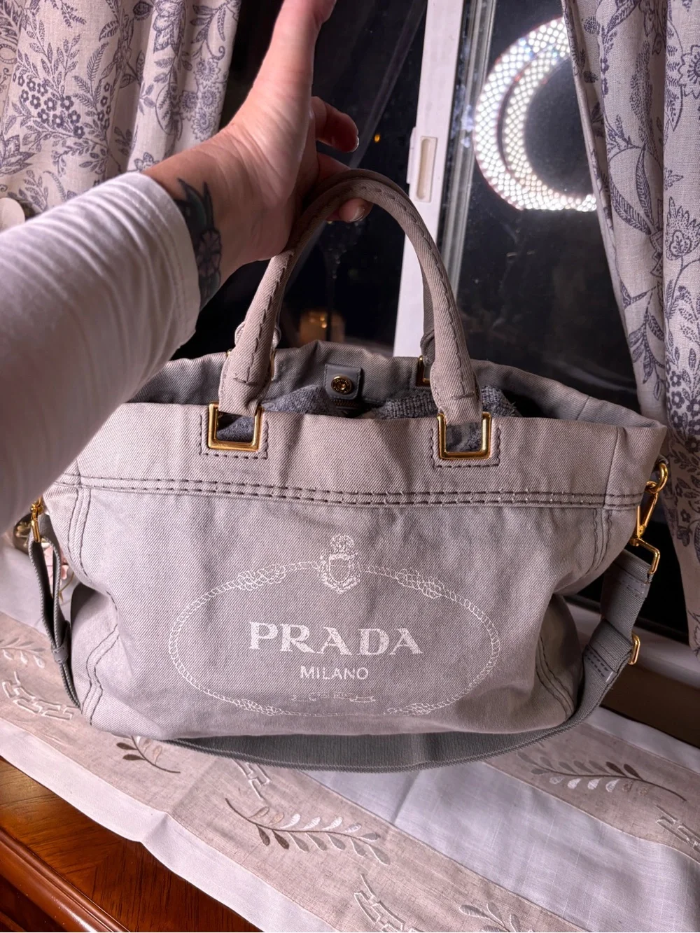 PRADA Gray Canapa Canvas Messenger Tote with Gold-Tone Hardware